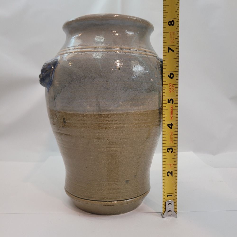 A. Whitmore Studio Pottery Jar Blue Tan Salt Glaze Face Medallions 1998 Vintage